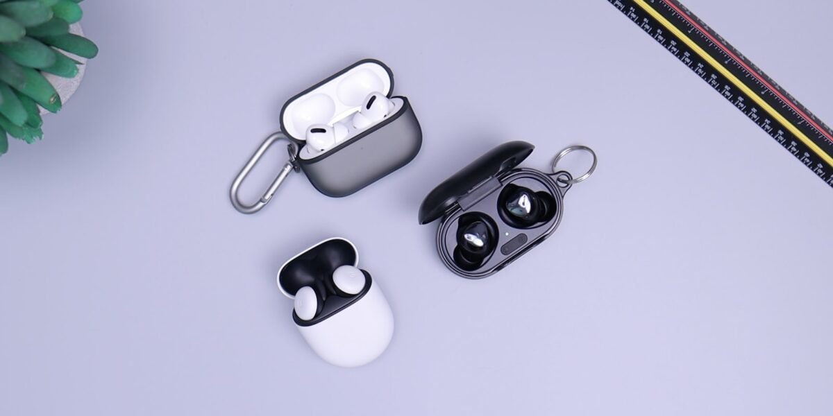 Wireless earbuds on a clean surface