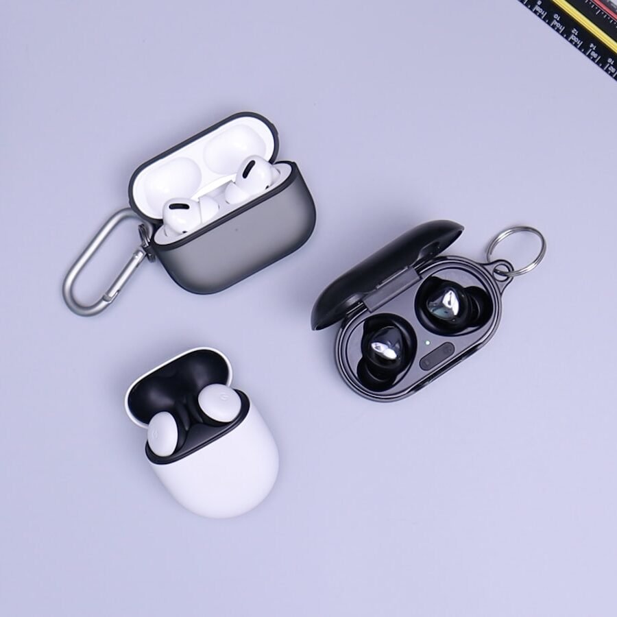 Wireless earbuds on a clean surface