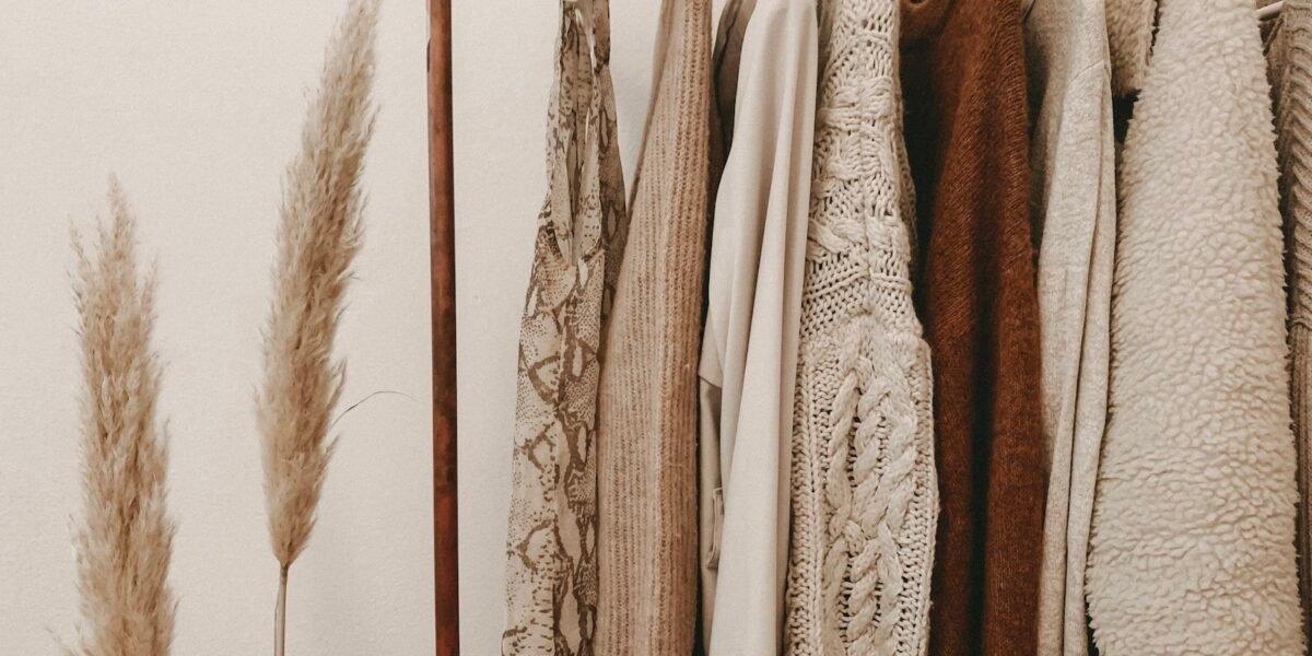 Clothing rack with earth-tone garments