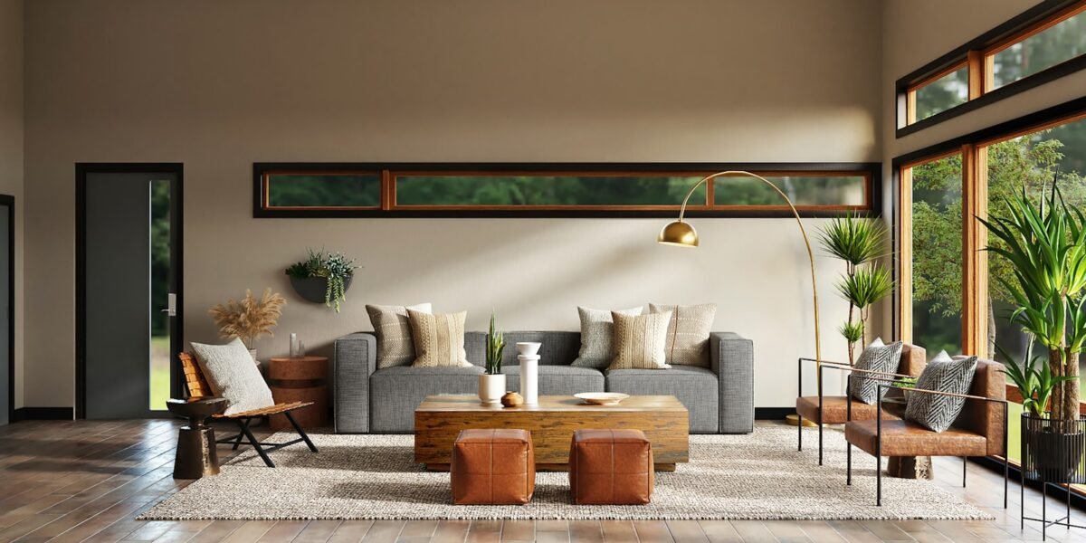 Bright minimal living room with beige sofa and natural light