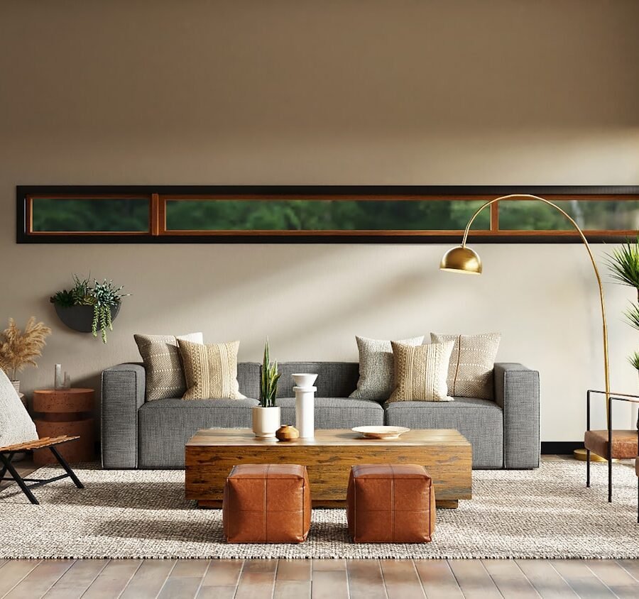 Bright minimal living room with beige sofa and natural light